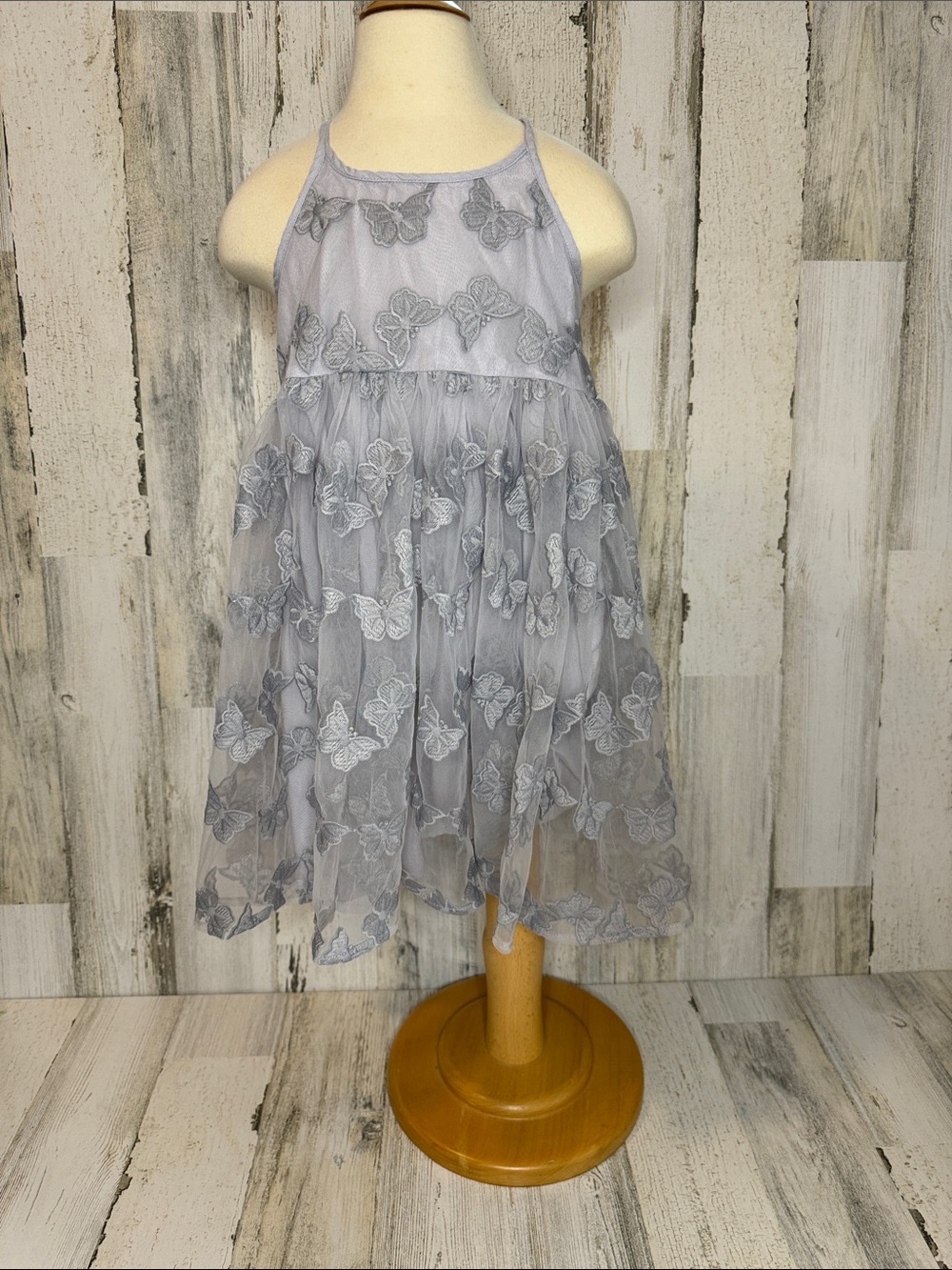 Noralee Butterflies Pippa Periwinkle Light Gray Embroidered Sheer Lined Dress 6